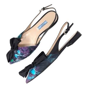 Prada Limited Edition Pointed Toe Slingback Bow Flat Purple Black Print 39.5 | 9